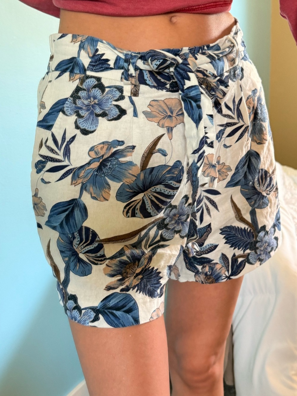 C&C California Cream Floral Print Tie-Waist Linen Shorts